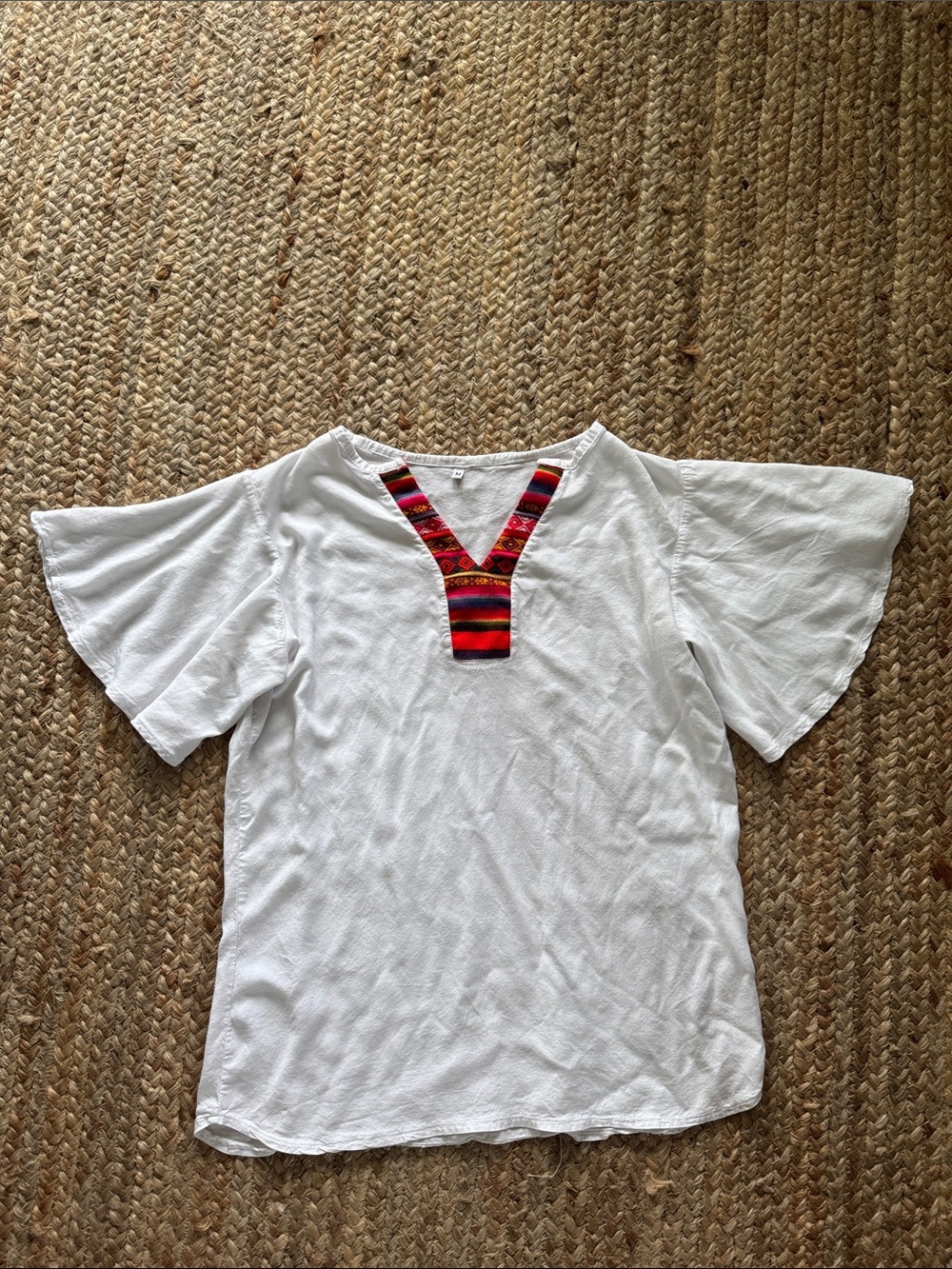 White Girls' Peasant Top with Red Embroidered V-Neck